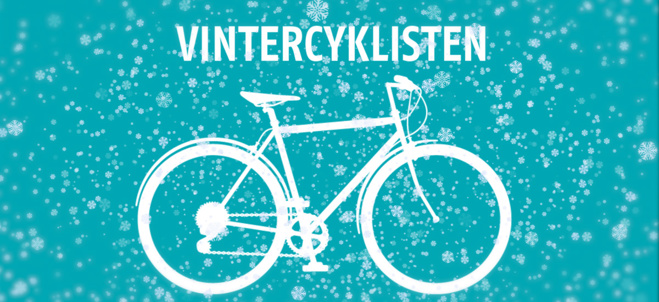 Tecknad cykel med snöflingor runtom. Texten Vintercyklisten.