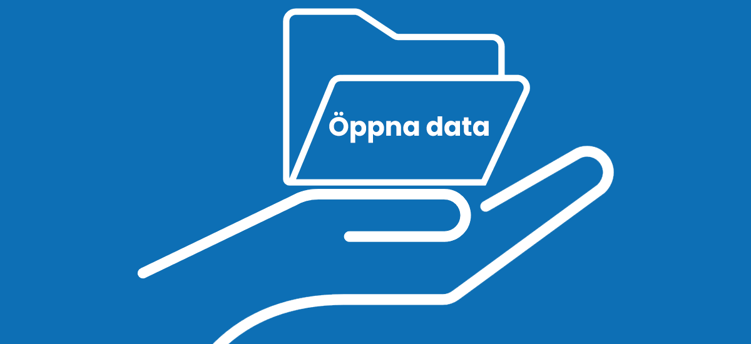 Illustration på hand som håller i en mapp med texten öpnna data på. Bakgrunden är blå.