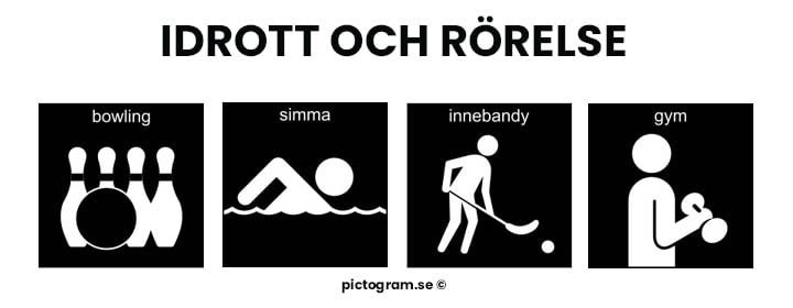 Pictogram bowling, innebandy simma och gym.