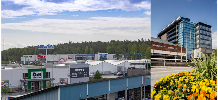 Morabergs handelsplats och Stadshuset exteriört.