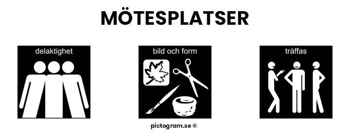 Pictogram delaktighet, bild och form samt träffas.