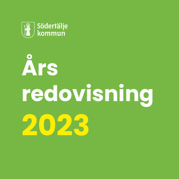 Bild - grön platta med texten Årsredovisning 2023 i gult (precis som framsidan på ÅR 2023 ser ut).