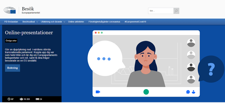 Bild som visar webbsidan där man kan boka ett digtalt besök i Europaparlamentet