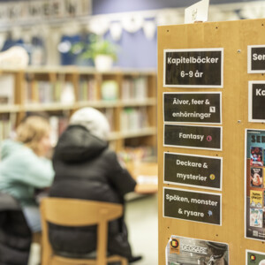 bild på bibliotek och några bibliotekshyllor