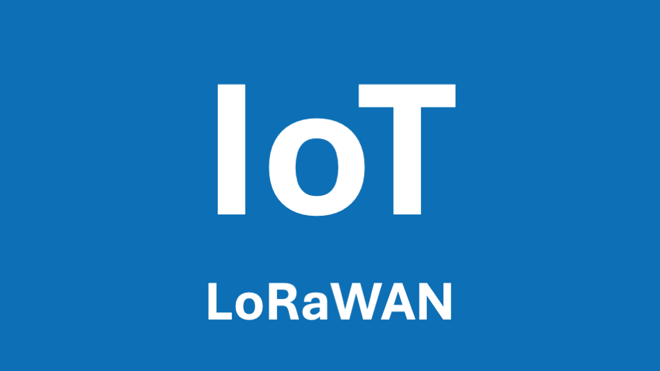 Blå bild med texten IoT och LoRaWAN